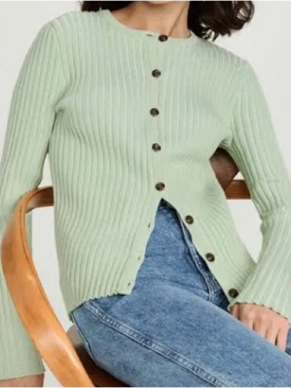 Tory Burch Metallic Lurex Striped Mint Green Ribbed Button-Front Cardigan Large